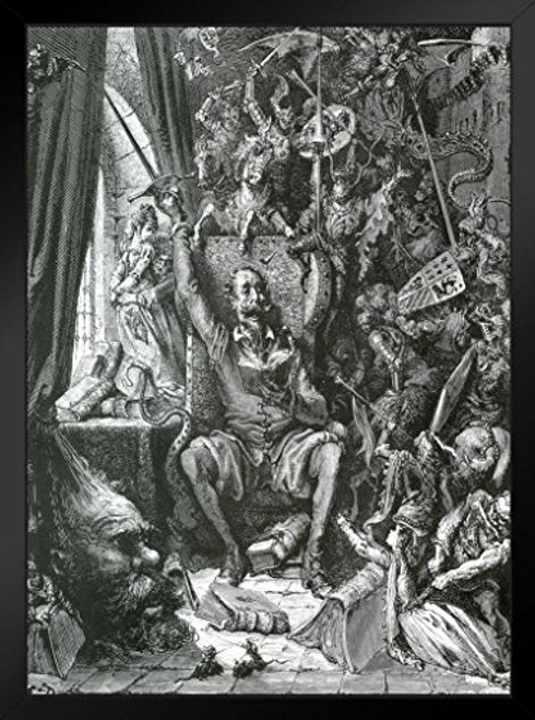 Gustave Dore Don Quixote in His Library French Printmaker Black and White Illustration Black Wood Framed Art Poster 14x20