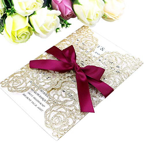 PONATIA 25PCS/Lot 250GSM 5.12 x 7.1'' Laser Cut Hollow Rose with Burgundy Ribbons Glitter Wedding Invitations Cards for Wedding Bridal Shower Engagement Birthday Graduation Invite (Gold Glitter)