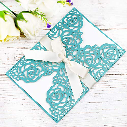 PONATIA 25 PCS 5.12 x 7.1'' 250GSM Laser Cut Hollow Rose Wedding Invitations Cards with Ivory Ribbons for Bridal Shower Engagement Birthday Graduation Invitation (Aqua Blue)