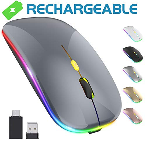 ?Upgrade? LED Wireless Mouse, Rechargeable Slim Silent Mouse 2.4G Portable Mobile Optical Office Mouse with USB & Type-c Receiver, 3 Adjustable DPI for Notebook, PC, Laptop, Computer, MacBook (Grey)