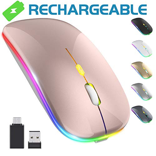 ?Upgrade?LED Wireless Mouse, Rechargeable Slim Silent Mouse 2.4G Portable Mobile Optical Office Mouse with USB & Type-c Receiver, 3 Adjustable DPI for Notebook, PC, Laptop, Computer, MacBook(RoseGold)