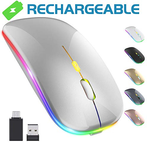 ?Upgrade?LED Wireless Mouse, Rechargeable Slim Silent Mouse 2.4G Portable Mobile Optical Office Mouse with USB & Type-c Receiver, 3 Adjustable DPI for Notebook, PC, Laptop, Computer, MacBook (Silver)