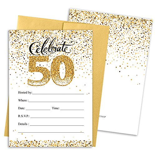 50th Birthday Party Invitation Cards with Envelopes, 25 Count (White and Gold)