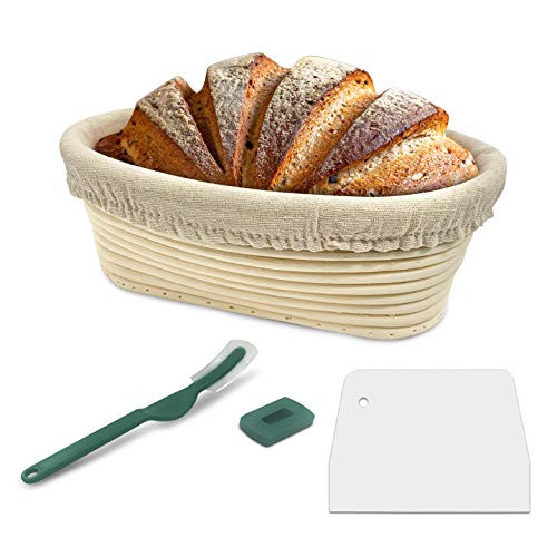 Proofing Basket. 9 Inch Bread Banneton Proofing Basket and Linen Liner. Bread Scraper and Sourdough Lame Set. Handmade Dough Rising Rattan bowl. For Professionals and Home Bakers (OVAL)