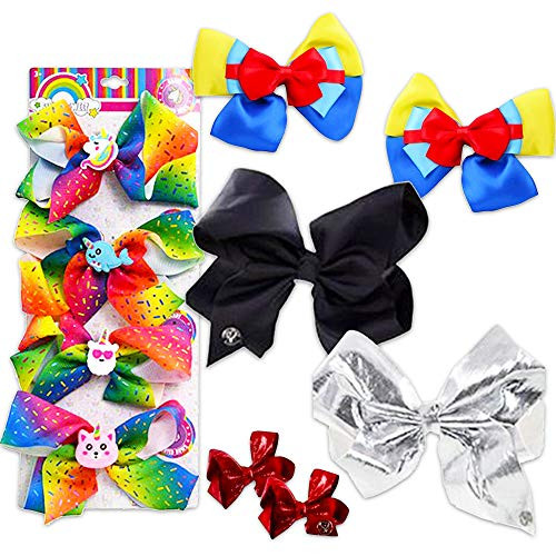 Jojo Siwa Bows for Girls Set ~ Pack of 10 Signature Collection Jojo Bows and Separately Licensed Rainbow Unicorn Hair Bows -- Black, Silver, Red, Rainbow (Jojo Siwa Party Supplies)