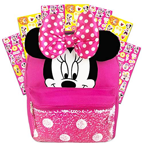 Disney Minnie Mouse Backpack for Girls Toddlers Kids ~ Bundle Includes 12" Minnie Preschool Toddler Backpack with Ears, Bow and Magic Reversible Sequins and Stickers (Minnie Mouse School Supplies)