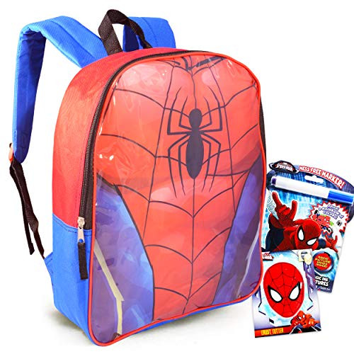 Spiderman Backpack for Boys ~ Spiderman Travel Bundle Set Includes Deluxe 15" Backpack, Crust Cutter, Imagine Ink No Mess Coloring Book, and Spiderman Stickers (Spiderman School Supplies for Boys)