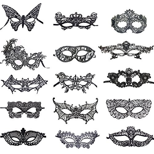 Sexy Black Lace Masquerade Masks for Women Venetian Style Eye Mask for Costume Ball Halloween Party, 15 Pack