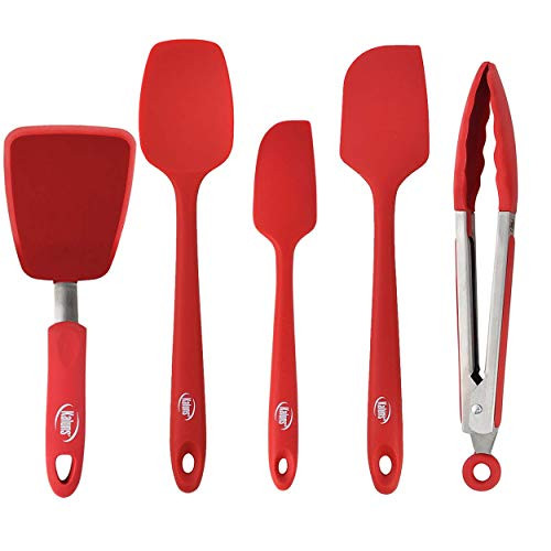 Kaluns Red 5-Piece set Includes 3 Silicone Spatulas 1 Turner and 1 9" Tong Kitchen Tools Best for Cooking, Baking and Mixing, Strong Stainless steel core design Non-stick and 600F Heat resistant