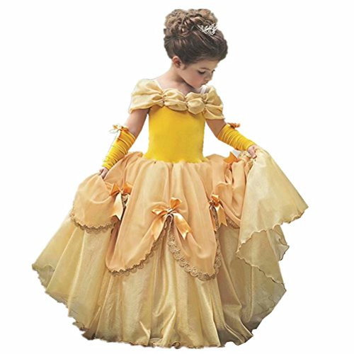 Tsyllyp Girls Princess Costume Dress Up Yellow Gowns with Gloves for Halloween Christmas Party