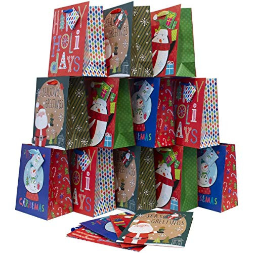 Christmas Gift Bags Kraft Paper in Assorted Colors Red, Green and Blue with Wide Ribbon Handles, Glitter and Tags for Gift Giving on Holiday and Party Favors (Medium) Christmas Gift Bags Kraft Paper in Assorted Colors Red, Green and Blue with Wide Ribbon Handles, Glitter and Tags for Gift Giving on Holiday and Party Favors (Medium)