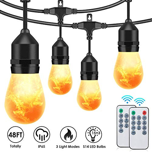 ShineTech 48FT Flame LED String Lights Outdoor for Patio with Remotes, Commercial Grade Waterproof Edison Bulbs String Lights, Dimmable LED Cafe Light Bistro Light Shatterproof for Backyard Party Deck