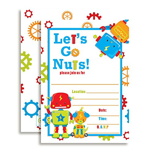 Robot Birthday Party Invitations, 20 5"x7" Fill in Cards with Twenty White Envelopes by AmandaCreation 