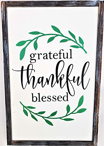 12" x 18" Grateful Thankful Blessed Now Larger Rustic Wood Sign Inspirational Hanging Wall Art with Metal Brackets-Rustic Style Decor Sign with Saying-Rustic Wall Art