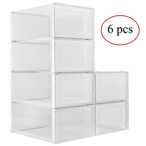WAYTRIM Foldable Shoe Box, Stackable Clear Shoe Storage Box - Storage Bins Shoe Container Organizer, 6 Pack - White, Medium WAYTRIM Foldable Shoe Box, Stackable Clear Shoe Storage Box - Storage Bins Shoe Container Organizer, 6 Pack - White, Medium