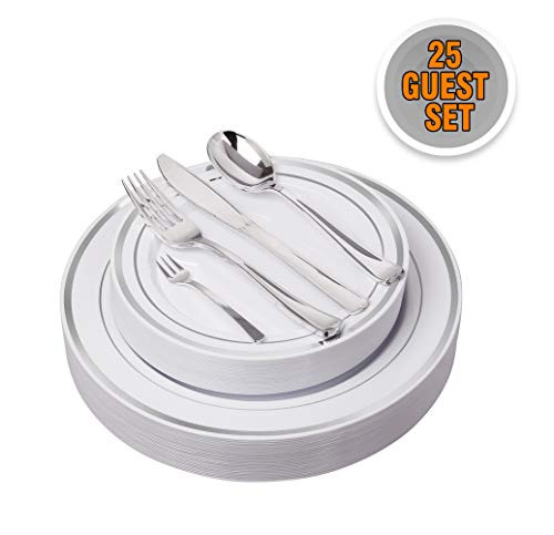 125 Pieces Premium Quality Heavyweight Tableware/Elegant Plastic Disposable dinnerware: 25 Dinner Plates, 25 Salad or Dessert Plates & 25 Polished Silver Forks Knives & Spoons - Bonus 25 Dessert Forks