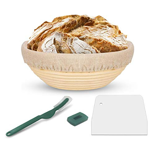 Proofing Basket. Round 9 Inch Bread Banneton Proofing Basket and Linen Liner. Bread Scraper and Sourdough Lame Set. Handmade Dough Rising Rattan bowl. For Professionals and Home Bakers (ROUND)
