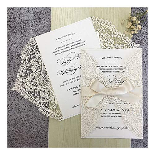 Picky Bride 25pcs 5x7" Wedding Invitations with Envelopes, Laser Cut Lace Hollow with Elegant Ribbons, for Wedding Bridal Shower Engagement Birthday Party Invite, White