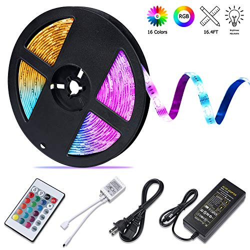 LED Strip Lights, 16.4ft/5m RGB LED Lights Color Changing 5050 Flexible 300 LEDs Light Strips with 24 Keys IR Remote and 12V Power Supply Light Strips Kit for Home, Bedroom, Kitchen DIY Decoration LED Strip Lights, 16.4ft/5m RGB LED Lights Color Changing 5050 Flexible 300 LEDs Light Strips with 24 Keys IR Remote and 12V Power Supply Light Strips Kit for Home, Bedroom, Kitchen DIY Decoration