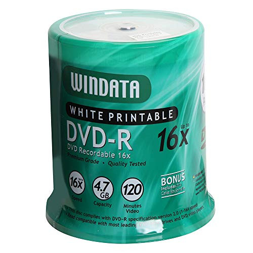Windata DVD-R Discs 100 Pack 16x 4.7GB/120 Minute Inkjet Printable Blank Data Recordable Media - 100-Pack Spindle