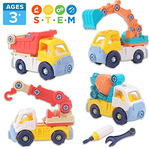 STEM Take Apart Construction Vehicle Toys for 3 4 5 Year Old Boys Girls | Digger Excavator, Crane, Cement, Dump Truck | Birthday Gift for Toddler Kids