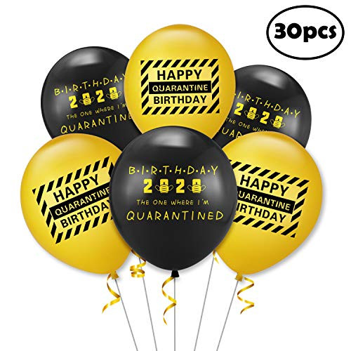 TICIAGA 30pcs Balloons for Quarantine Birthday Party, 12 Inch Thick Latex Balloons with Golden Ribbon for Helium Or Air Use, Quarantine Caution Birthday Decoration, 2020 Quarantine Bday Party Supplies