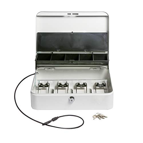 Cash Box with Lock by OSAFE  Money Box with Cash Tray & Security Cable  Lock Safe Box with New Lid Coin Tray  Large 3.5H x 9.5W x 11.8L Inch Metal Locking Cash Box with 4 Keys  White