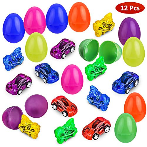 GotechoD Easter Eggs with Toys Surprise Eggs 12 Packs 2.5/1.86" Plastic Easter Eggs with Pull Back Cars, Prefilled Colorful Egg with Vehicle Inside, Plastic Eggs for Easter Hunt, Party Favor
