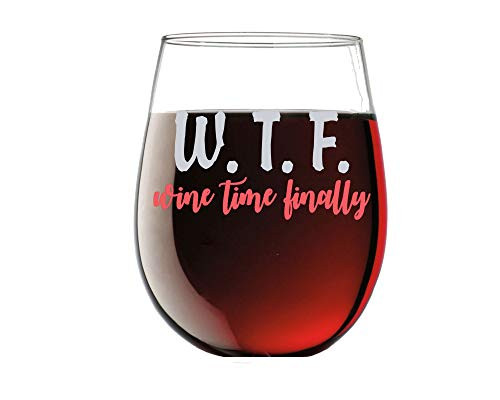 W.t.f. Wine Time Finally Funny 15oz Stemless Crystal Wine Glass - Fun Wine Glasses with Sayings Gifts for Women