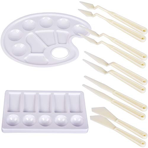 12 Pieces Paint Palette and Painting Knife Set Plastic Paint Tray Palettes, 2 Pieces White Paint Palettes and 10 Pieces Paint Knives for Adults Kids Art Supplies