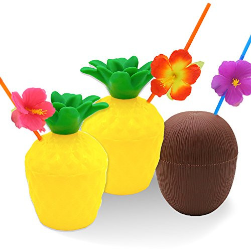 FUTUREPLUSX Tropical Pineapple Coconut Drink Cups, 3PCS Plastic Hawaii Party Cups with Straws for Hawaiian Luau Party Children Summer Beach Party