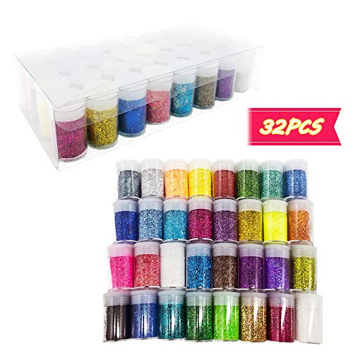 32 Colors Fine Slime Glitter Powder,Glitter Powder Sequins for Crafts,Multi Purpose Glitter Dust for Art,Craft,Body Face Hair Makeup,1 Box