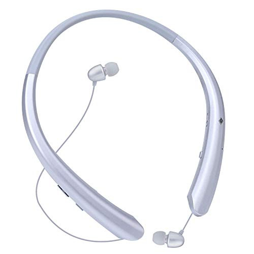 Bluetooth Headphones, Wireless Neckband Headset Retractable Earbuds HD Stereo Noise Cancelling Earphones with Mic (Call Vibrate Alert,15 Hrs Playtime, Silver)