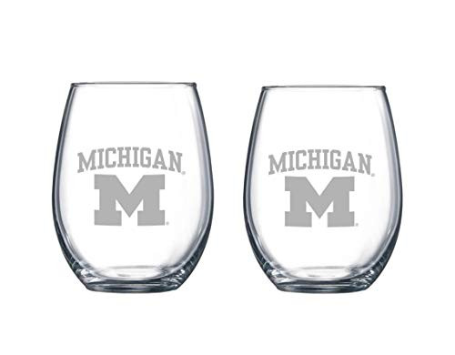 Michigan Wolverines Etched Satin Frost Logo Wine or Beverage Glass Set of 2