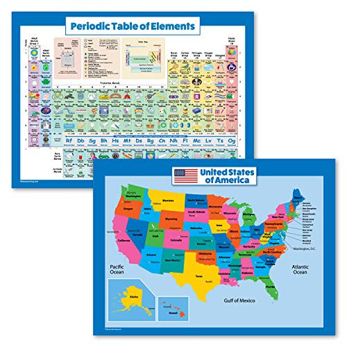 2 Pack - USA Map for Kids and Periodic Table of The Elements Poster Set - United States Wall Chart & Periodic Table Poster (Laminated, 18" x 24")