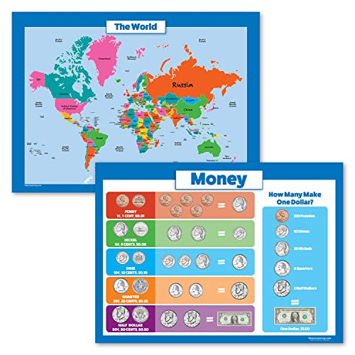 2 Pack - World Map for Kids & Money Poster Set - Map of The World & Money Wall Charts (Laminated, 18" x 24")