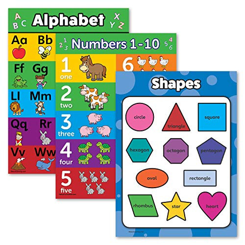 3 Pack - ABC Alphabet + Numbers 1-10 + Shapes Poster Set - Toddler Educational Charts (Laminated, 18" x 24")