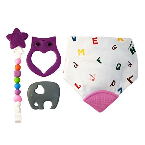 Beaded Pacifier Clip Deluxe Teethers with 2 Large Silicone Baby Teether Toys, Beaded Pacifier Clip, and ABC's Bandana Bib