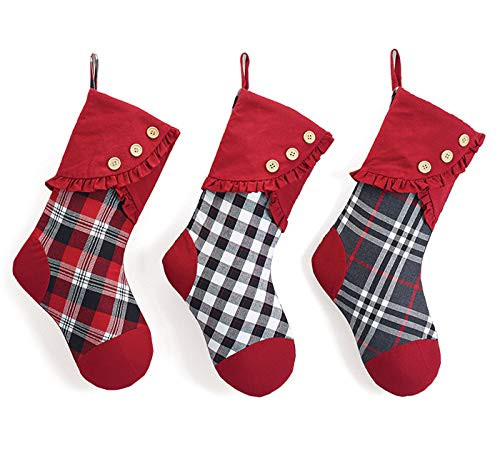 Plaid Ruffle Button Cuff Rosy Red 19 x 11 Fabric Christmas Stockings Set of 3