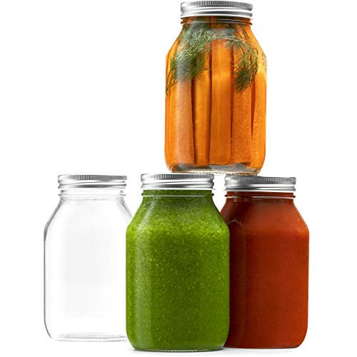 Glass Regular Mouth Mason Jars, 32 Ounce Glass Jars with Silver Metal Airtight Lids for Meal Prep, Food Storage, Canning, Drinking, Overnight Oats, Jelly, Dry Food, Spices, Salads, Yogurt (4 Pack)