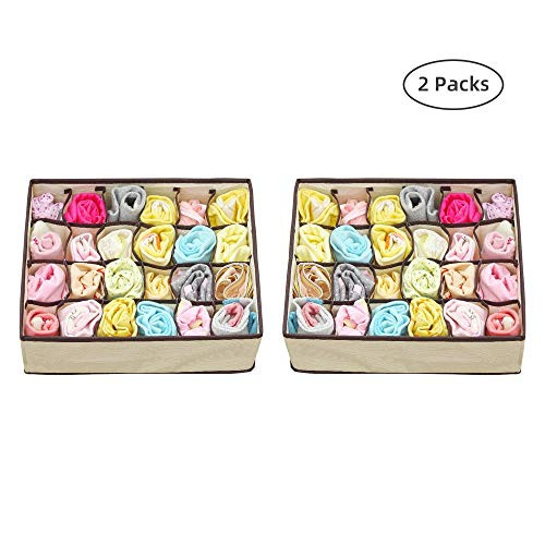 Siveit Sock Drawer Organizer, 24 Cell Collapsible Closet Cabinet Organizer, Underwear Storage Boxes for Socks, Lingerie, Handkerchiefs, Ties, 2 Pack (24 Cells)