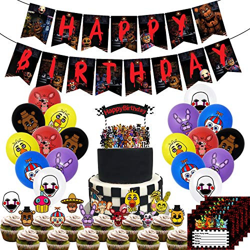 Nelton Birthday Party Supplies For Five Nights at Freddy's Includes Banner - Cake Topper - 24 Cupcake Toppers - 18 Balloons - 15 Invitations