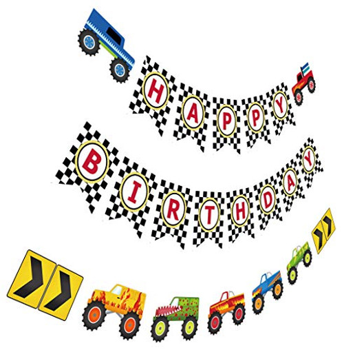 Monster Truck Birthday Banner, Cars Trucks Birthday Sign with Garland, Vehicle Boy Birthday Bunting