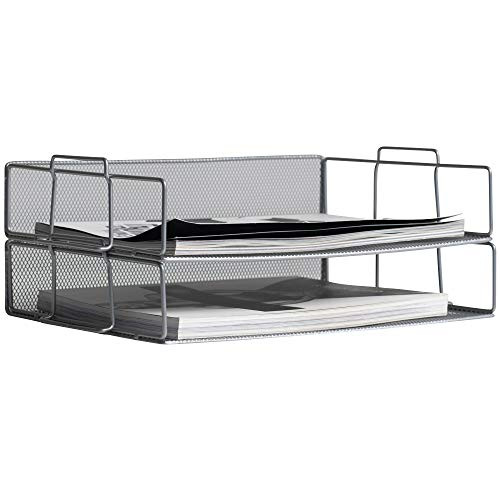Klickpick Office 2 Tier Stackable Heavy Duty Metal Desktop Letter Tray File Organizer Sorter Desk Document Organizer Shelf Tray Magazine Holder Paper File Newspaper Organizer Tray- Silver