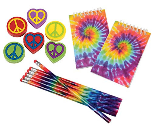 Nikki's Knick Knacks 36 Piece Tie Dye Hippie Stationary Set- Pencils, Erasers, and Notebooks