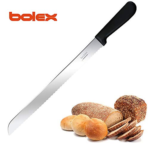 BOLEX 12 Inch Serrated Bread Knife Stainless Steel Wide Wavy Edge Knife Cake Slicer Multi-Purpose Kitchen Knife with Ergonomic Handle, Ultra Sharp Baker's Knife for Cutting Crusty Breads,Cake,Bagel
