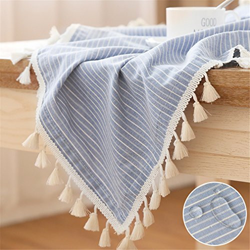 LUCKYHOUSEHOME Blue and White Stripe Tassel Rectangular Tablecloth Waterproof Rural Home Kitchen Dinning Tabletop Table Cover 55 x 71 Inch