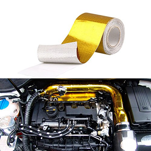 Sporacingrts 2" x32.8'(10M) Gold Adhesive Backed Heat Barrier Tape,Glassfiber Heat Shield Reflective Tape Wrap Roll,for Car Intake Pipe,Engine Bay etc.