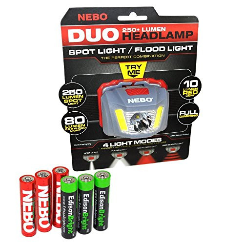 Nebo Duo 250 lumen LED headlamp 6444 flood/spot/red/signal modes, with 3 X EdisonBright AAA Alkaline batteries bundle