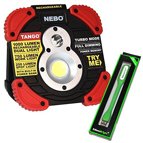 Nebo Tango 1000 Lumen Rechargeable Work Light (Worksite Light) 6665 with EdisonBright USB Powered Reading Light Bundle